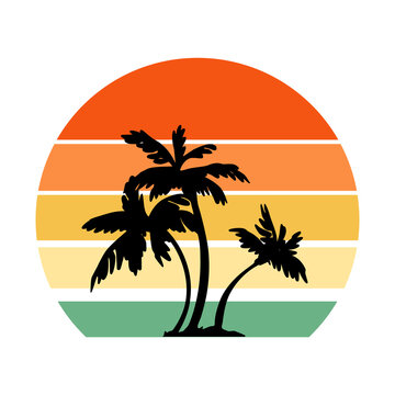 Retro vintage sunset in 80s-90s style. Black silhouettes of palm trees. Striped circle. Vector design template for logo, badges, banners, prints. Isolated white background.