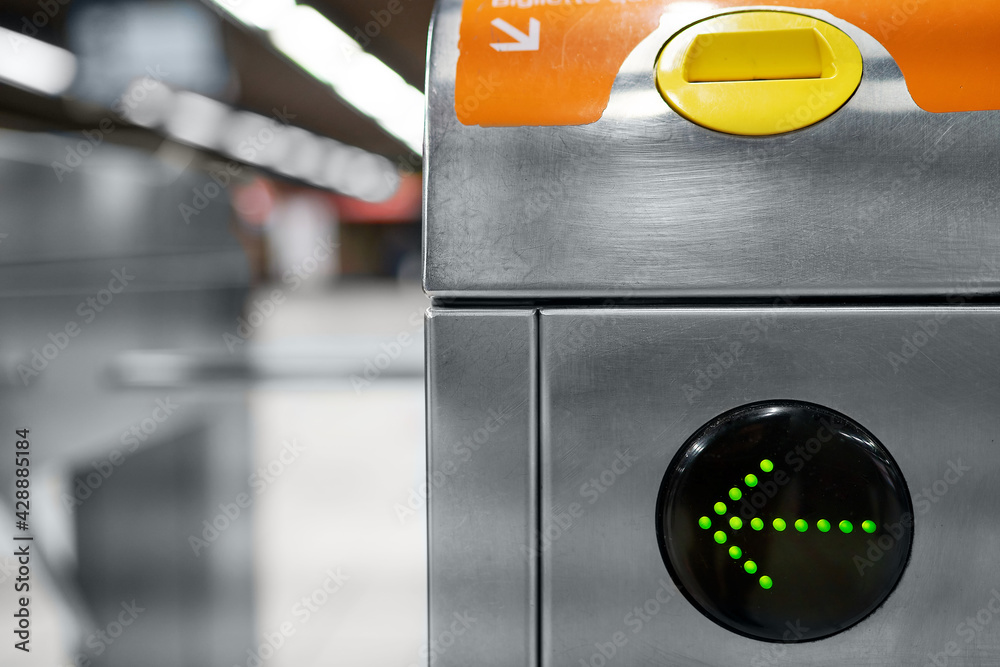 Wall mural Closeup of electronic turnstile at subway station platform. Gates are open. Automatic access system control, check point. Pass through the passes. Building security systems. Entrance gate .