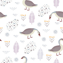 Seamless vector pattern with wild geese and plants isolated on a white background.
