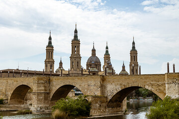 landscape Nuestra Señora del Pilar Cathedral Basilica view from the Ebro River in a spring day