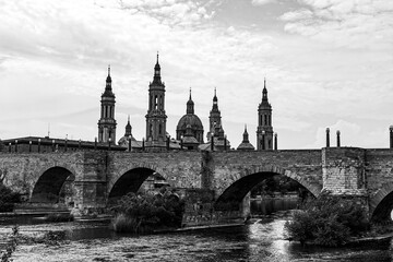 landscape Nuestra Señora del Pilar Cathedral Basilica view from the Ebro River in a spring day