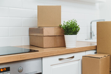 Cardboard boxes on the new kitchen.