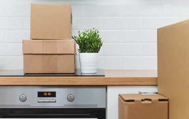 Cardboard boxes on the new kitchen.