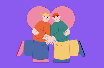 Pareja de novios gay abrazándose y mirando de frente