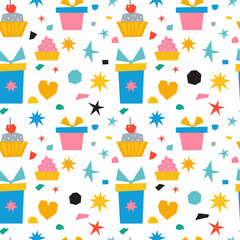 Abstract seamless collage pattern with box gifts and sweets. Vector background
