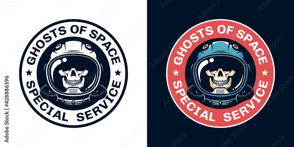 Sticker space badge with skull pilot in helmet. spaceman vintage emblem with skeleton in spacesuit. vector i