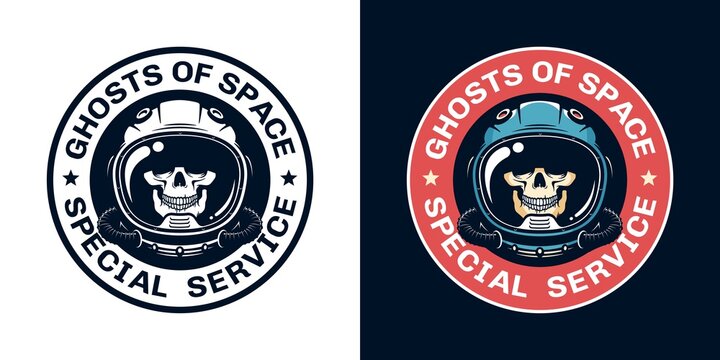 Space badge with skull pilot in helmet. Spaceman vintage emblem with skeleton in spacesuit. Vector illustration.