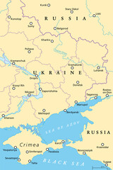 Fototapeta premium Eastern Ukraine political map. The Crimea, a peninsula on the coast of Black Sea, and the Donbass, formed by Donetsk and Luhansk region, disputed areas between Ukraine and Russia. Illustration. Vector
