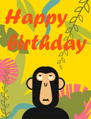 Happy birthday greeting card with monkey. Green leafs and jungle. Vector illustration.