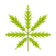 Cannabis leaf pixel icon. Green fluffy herb with narcotic relaxing effect natural marijuana with medicinal vector effect.