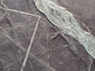 Nazca lines Geoglyph Whale in Nasca desert, Peru, aerial view on whale figure, flight over mysterious nazca lines, mystery of Nasca culture, ancient pre inca civilization in Andes, South America.