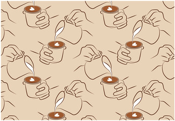 Sketch drawing pattern of barista making a coffee latte art. Human add milk to espresso. Brown background for cafe, wallpaper, packaging, organic arabica, milk pitcher, heart shape.Vector illustration