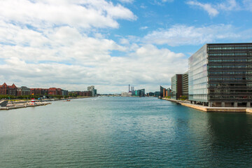 Glimpse of Copenhagen, Denmark, from the main canal, the Copenhagen Havn