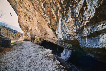 Beautiful Limestone cave, Old Oolitic stone quarries in Massone, The extracted stone, called 