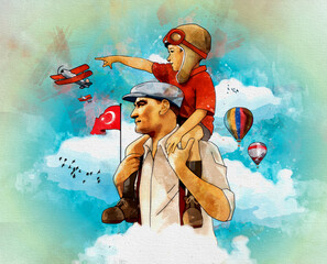 Ankara, Turkey - 23 April 1921:  Digital watercolor illustration of Atatürk. He carries the little boy on his shoulders.