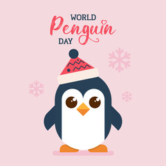 World Penguin Day poster, Christmas Day snowfall cute baby penguin illustration banner vector