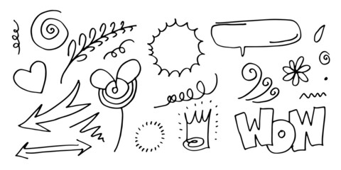 hand drawn set elements, black on white background. arrows, flowers, speech bubble, leaves, heart, light, king, emphasis, vortex, for concept design.