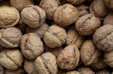 Heap of walnuts in shell close-up. Organic products. Natural background.