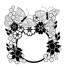 Deurstickers design element with flowers and butterflies in black and white © rosy
