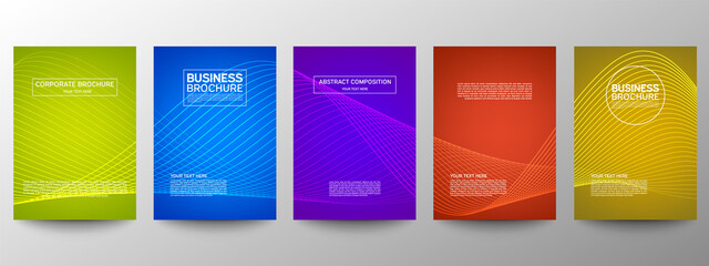 Cover geometric minimal. Set. Vector abstract line pattern for poster design. Set of templates for business brochures. Cool gradients. Graphic pattern for annual album backdrop.