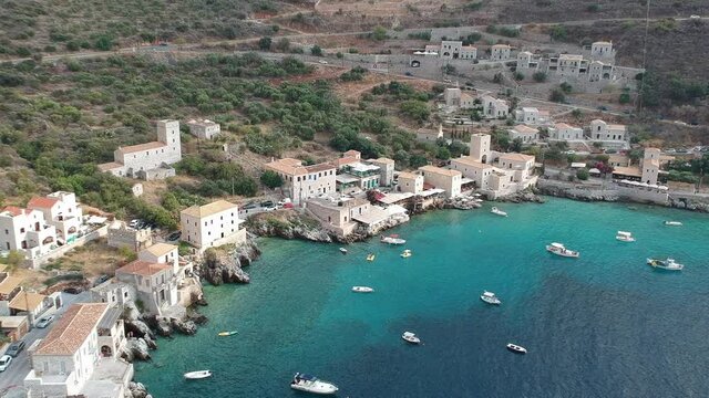 Iconic aerial view over the picturesque famous Limeni village in Mani area Laconia, Greece