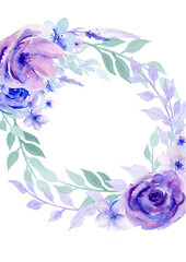 Watercolor Flower Background. Lilac and violet Flowers Leaves Watercolour circle Frame on white Background