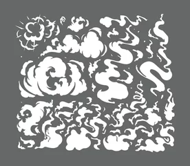 Gordijnen Vector smoke set effects template. Cartoon steam clouds, mist, puff, fog, watery vapor, or dust explosion 2D VFX illustration. Clip art element for game, print, advertising, menu, and web design.  © Very Well Studio