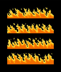 Set of flame elements on a white background, fire. Horizontal pattern of fire.