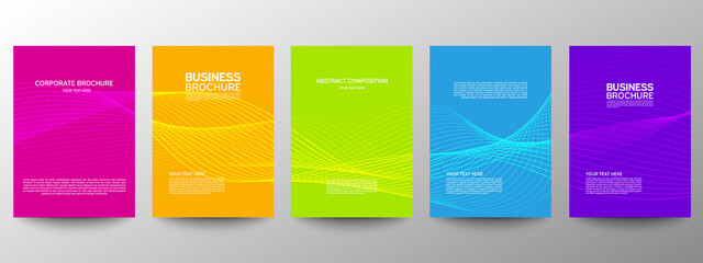 Cover geometric minimal. Set. Vector abstract line pattern for poster design. Set of templates for business brochures. Cool gradients. Graphic pattern for annual album backdrop.