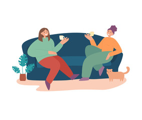 Smiling woman friends drinking tea at home vector flat illustration. Happy female laughing and gossiping sit on comfortable couch isolated. People spending time together having friendly conversation