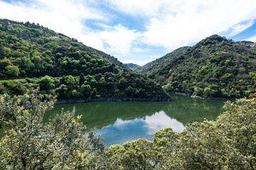 Sil river canyon between mountains in Ribeira Sacra