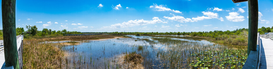 Panorama of wetlands area and boardwalk at Chapel Trail Nature Preserve - Pembroke Pines, Florida,...