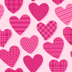 Love seamless pattern with heart. Shape with checkered, polka dots, striped bright color texture. Girly sweet surface design Pink color palette vector illustration - 428895559
