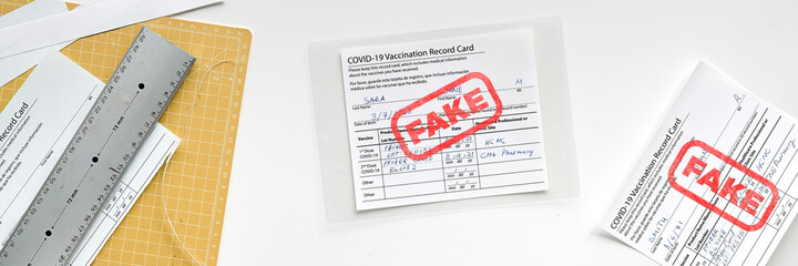 Banner, Fake covid vaccination record card. Covid scams. Forged health certificate with false...