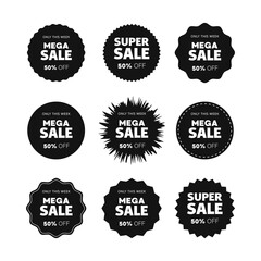 Advertising sale label set. Black Friday. Shopping and discounted purchases. Flat vector illustration. Isolated on white background.