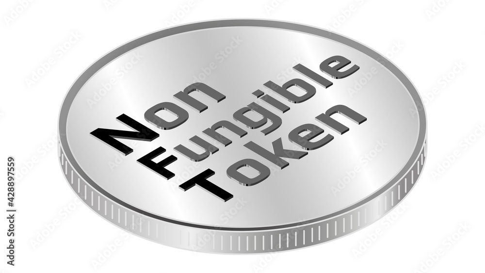 Sticker nft non fungible token isometric text on coin isolated on white. pay for unique collectibles in game