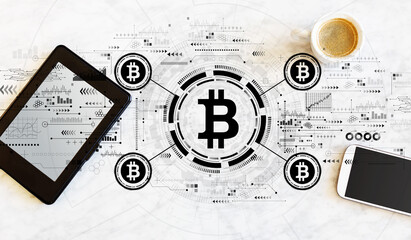 Fototapeta premium Bitcoin theme with tablet and phone