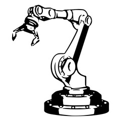 Outline mechanical robotic arm with gripper isolated on white. Vector illustration.