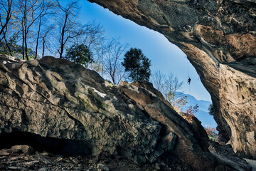 Beautiful Limestone cave, Old Oolitic stone quarries in Massone, The extracted stone, called 