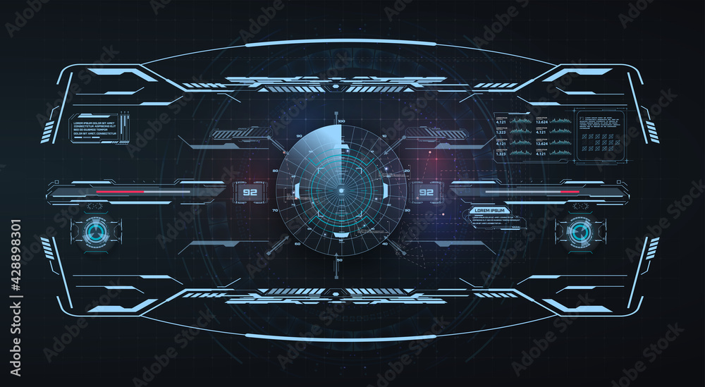 Aufkleber Virtual reality. Futuristic VR head-up display design. Sci-Fi helmet HUD, GUI,UI. Futuristic display data, statistics panel. Sci-Fi Helmet HUD. Future Technology Display Design. Control panel design