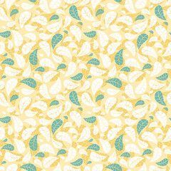 Modern seamless geometric pattern with gold, white and blue falling leaves on a white background. Abstract autumn vector for wallpaper, wrapping paper, home decor and fashion fabrics.