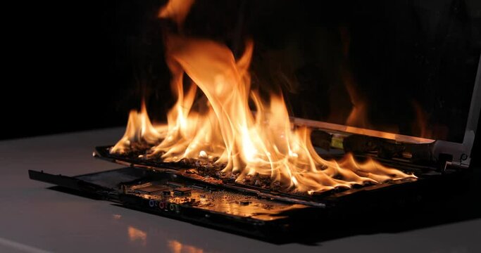 Burning laptop computer electronics closeup