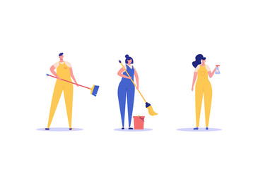Cleaners team working in office or home. Janitor or housekeeper in uniform. Concept of cleaning service, cleanup house, housekeeping. Vector illustration in flat design for web banners