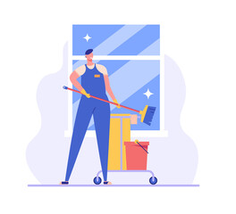 Cleaners team working in office or home. Janitor or housekeeper in uniform. Concept of cleaning service, cleanup house, housekeeping. Vector illustration in flat design for web banners