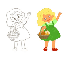 Coloring book, little cute girl with a basket of sweet pastries, waving a friendly hand. Vector illustration, cartoon, flat, line art