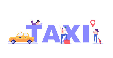 People calling a taxi, checking where the car is. Concept of taxi service, geolocation, convenient use, car, driver, homecoming. Vector illustration in flat design for mobile app, web banner.