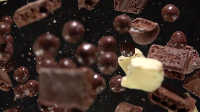 Chocolate pieces explosion. Slow Motion 500fps