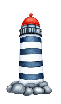 Watercolor blue white striped lighthouse with red roof on the rocky coast. Navigation building. Nautical style clipart. Hand drawn marine element isolated for design kids pattern, postcard, poster