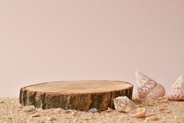 Catwalk for the presentation of products for the beach. A minimalistic scene of a felled tree lies...