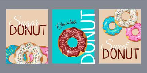 Set of mockups with donuts for the menu. Sweet sugar donuts on blue or beige backgrounds. Menu cover design template with text. Or packaging for sweets.